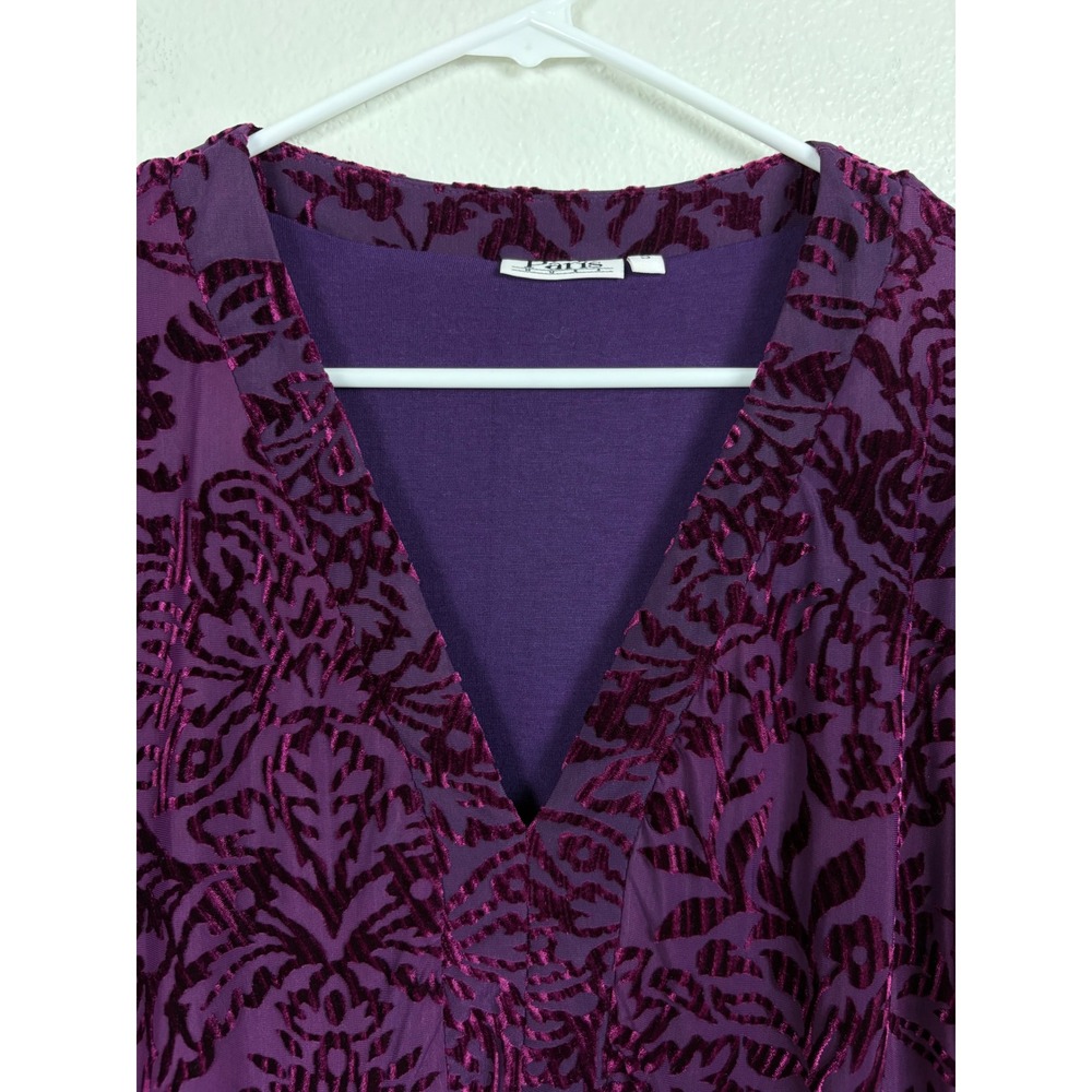 Paris Blues Women Purple Burnout Velvet Damask Bell Sleeve V-Neck Tunic Top S - Picture 10 of 11